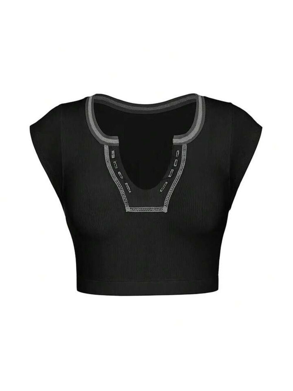 SHEIN Black Cap Sleeve Crop Top with White Cut Out